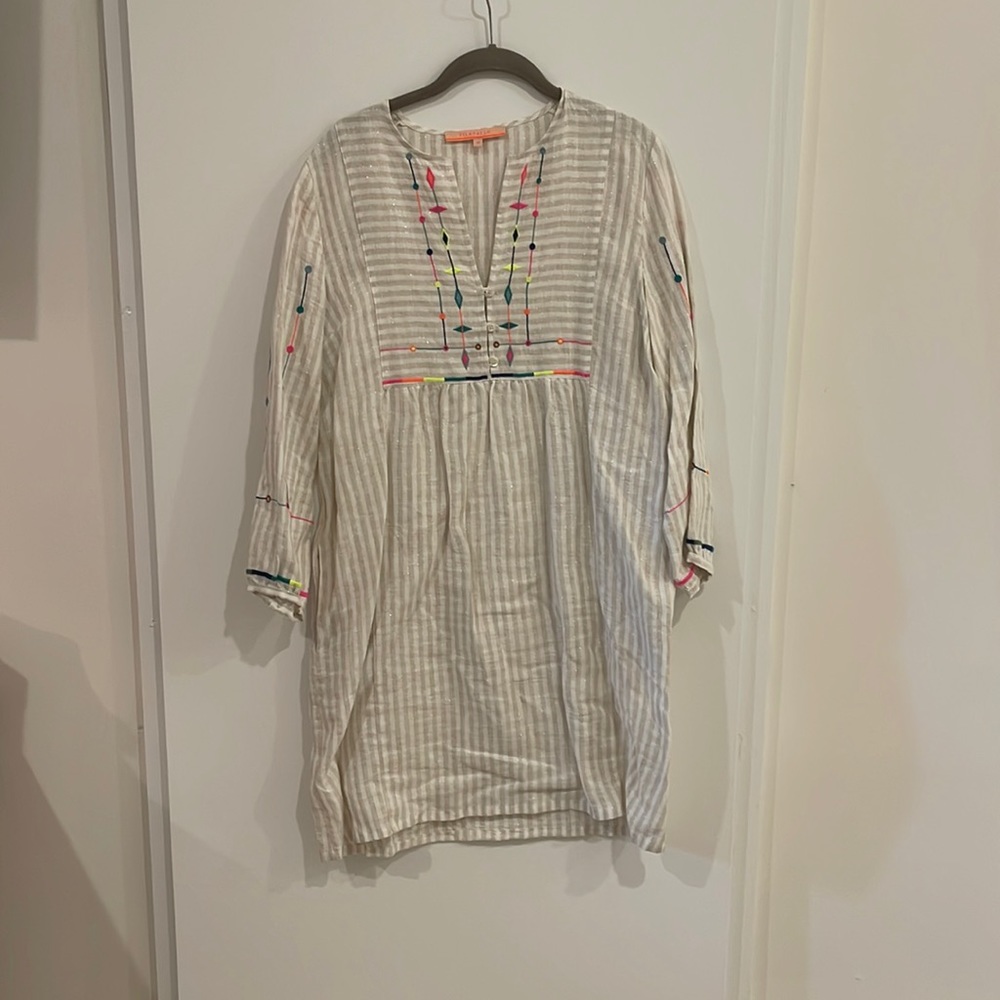 Vilagallo Tan and White Stripe long Sleeve Tunic Dress